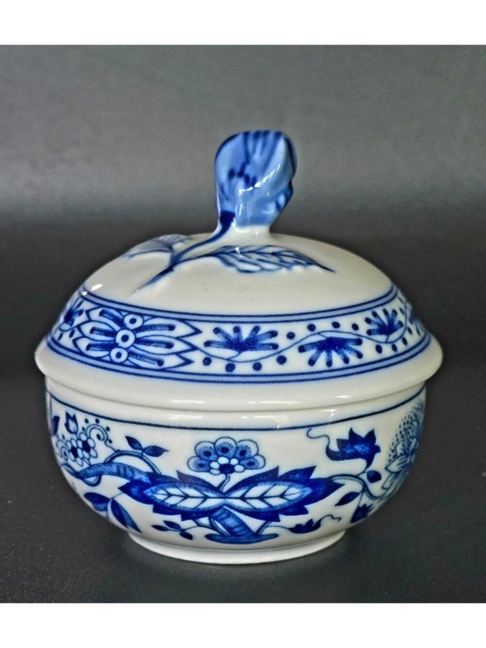 Vintage Blue Onion Style Porcelain Trinket Box w/Rose on Lid, Germany